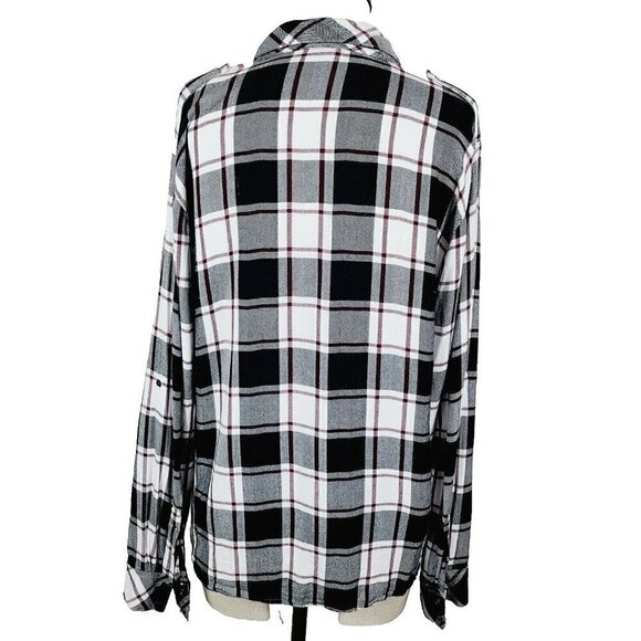 Sanctuary Boyfriend Shirt S Black White Burgundy Plaid Soft Button-Front… - Picture 3 of 8